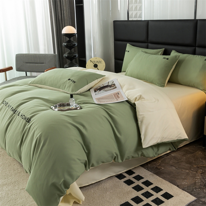 91家纺网 家纺一手货源 找家纺 梦莱家纺 2024新款磨毛刺绣四件套 果绿