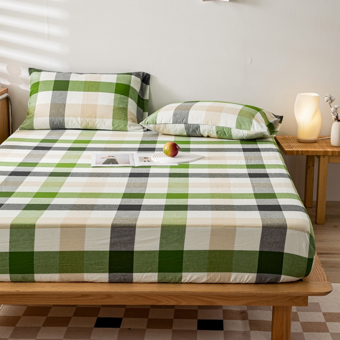 91家纺网 家纺一手货源 找家纺 萌飞 2024新款A类色织水洗棉床笠 海青鲜绿格