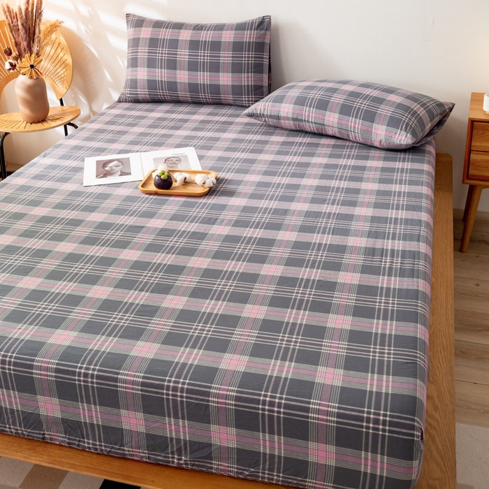 91家纺网 家纺一手货源 找家纺 萌飞 2024新款A类色织水洗棉床笠 灰粉格