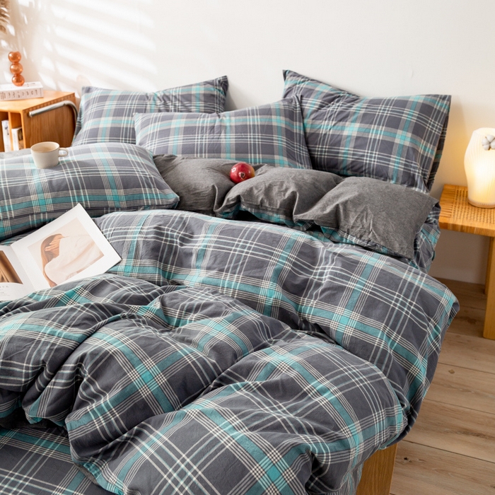 91家纺网 家纺一手货源 找家纺 九沐良品 新款A类色织水洗棉四件套 灰绿格