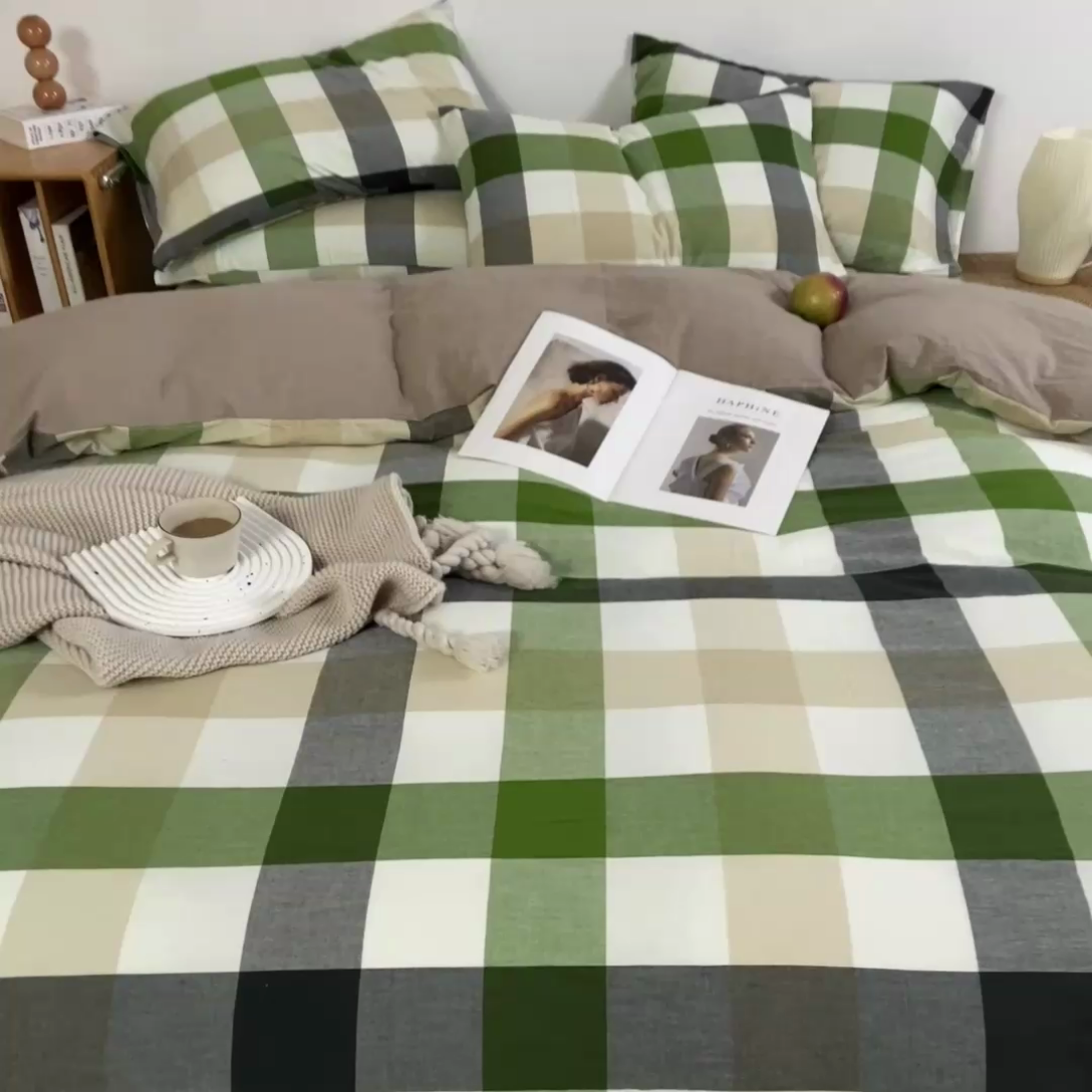 91家纺网 家纺一手货源 找家纺 九沐良品 新款A类色织水洗棉四件套 海青鲜绿格