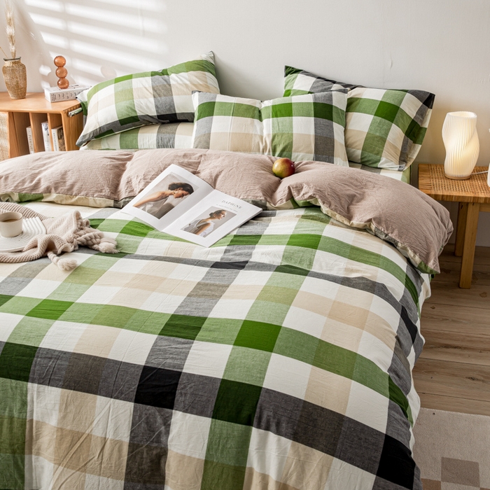 91家纺网 家纺一手货源 找家纺 九沐良品 新款A类色织水洗棉四件套 海青鲜绿格