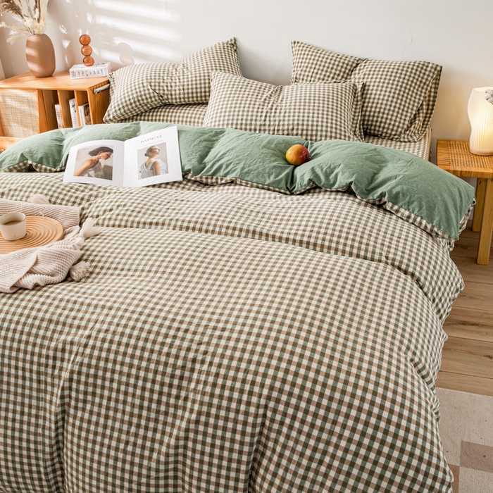 91家纺网 家纺一手货源 找家纺 九沐良品 新款A类色织水洗棉四件套 绿小格