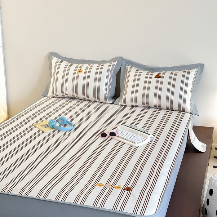 91家纺网 家纺一手货源 找家纺 时年家纺 2024新款条纹刺绣冰丝凉席--床笠款 床笠款-好事花生