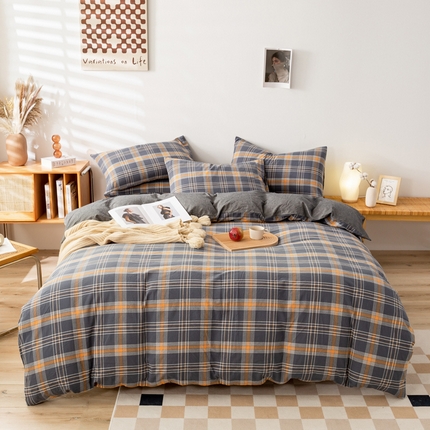 九沐良品 新款A类色织水洗棉四件套 灰桔格