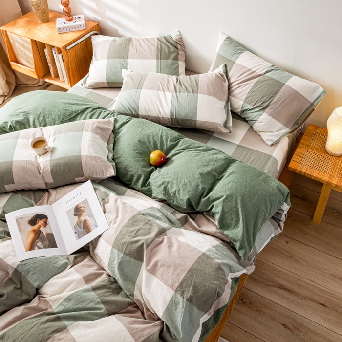 91家纺网 家纺一手货源 找家纺 九沐良品 新款A类色织水洗棉四件套 绿大格