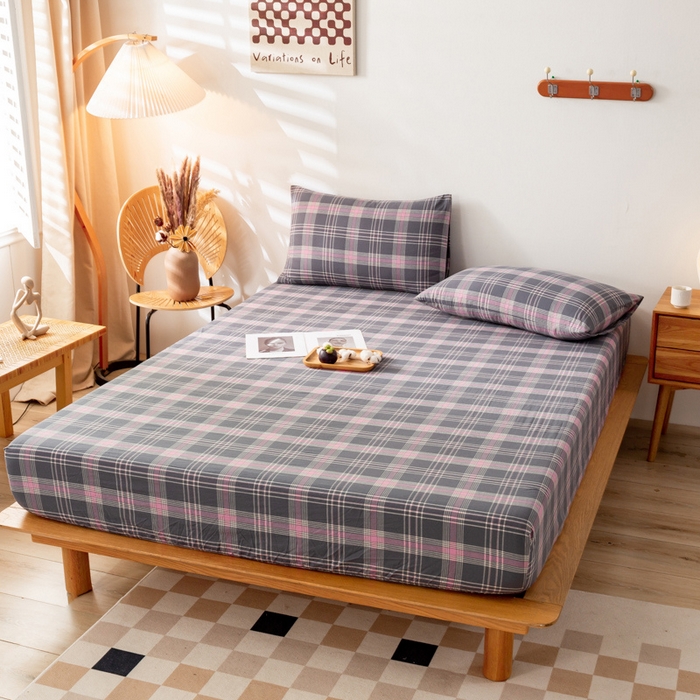 91家纺网 家纺一手货源 找家纺 萌飞 2024新款A类色织水洗棉床笠 灰粉格