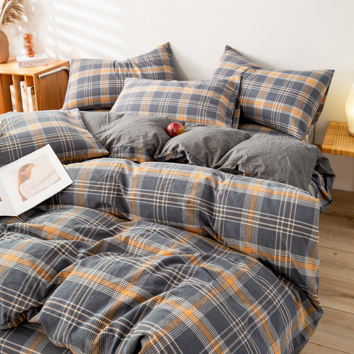 91家纺网 家纺一手货源 找家纺 九沐良品 新款A类色织水洗棉四件套 灰桔格