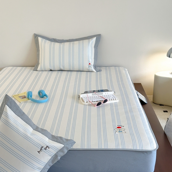 91家纺网 家纺一手货源 找家纺 时年家纺 2024新款条纹刺绣冰丝凉席--床笠款 床笠款-幸运汪