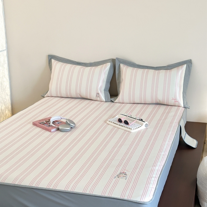 91家纺网 家纺一手货源 找家纺 时年家纺 2024新款条纹刺绣冰丝凉席--床笠款 床笠款-礼物喵