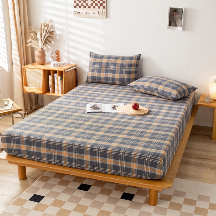 91家纺网 家纺一手货源 找家纺 萌飞 2024新款A类色织水洗棉床笠 灰桔格