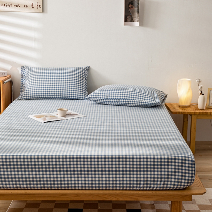 91家纺网 家纺一手货源 找家纺 萌飞 2024新款A类色织水洗棉床笠 浅蓝小格