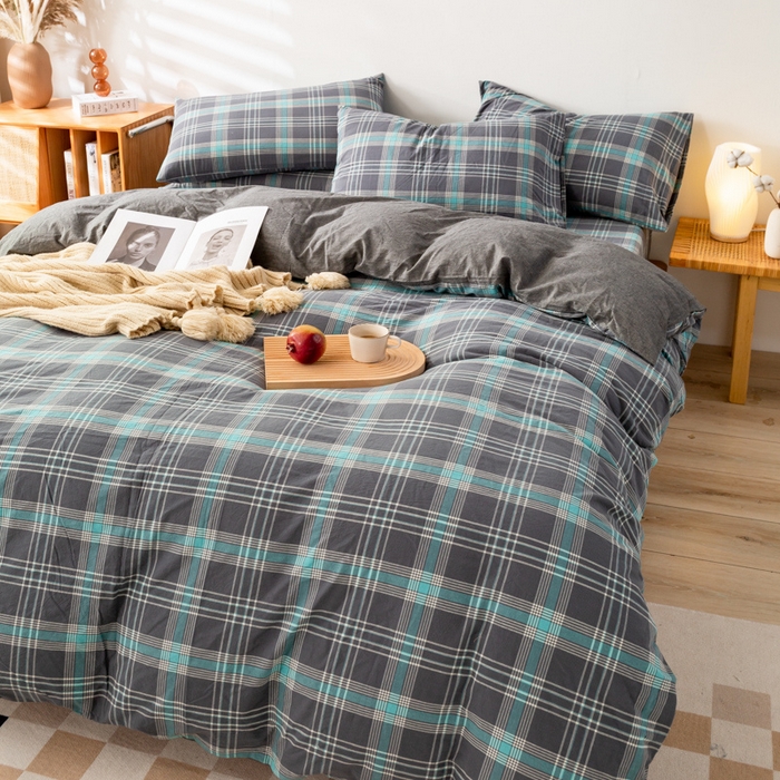 91家纺网 家纺一手货源 找家纺 九沐良品 新款A类色织水洗棉四件套 灰绿格