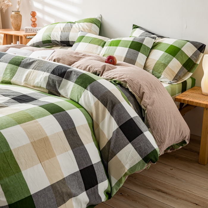 91家纺网 家纺一手货源 找家纺 九沐良品 新款A类色织水洗棉四件套 海青鲜绿格