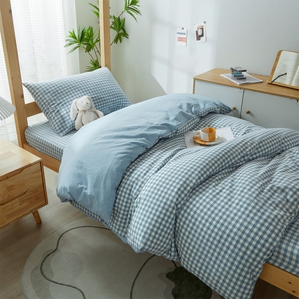 九沐良品 新款A类全棉水洗棉宿舍三件套 浅蓝小格
