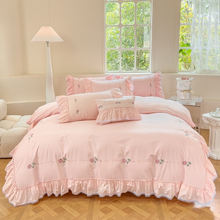 亲亲公主 2025新款亲肤舒适全棉绣花公主风四件套-彩色玫瑰（实拍图） 彩色玫瑰-粉