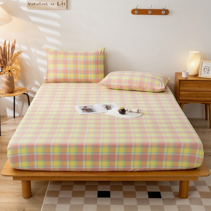 91家纺网 家纺一手货源 找家纺 萌飞 2024新款A类色织水洗棉床笠 弗暖粉黄