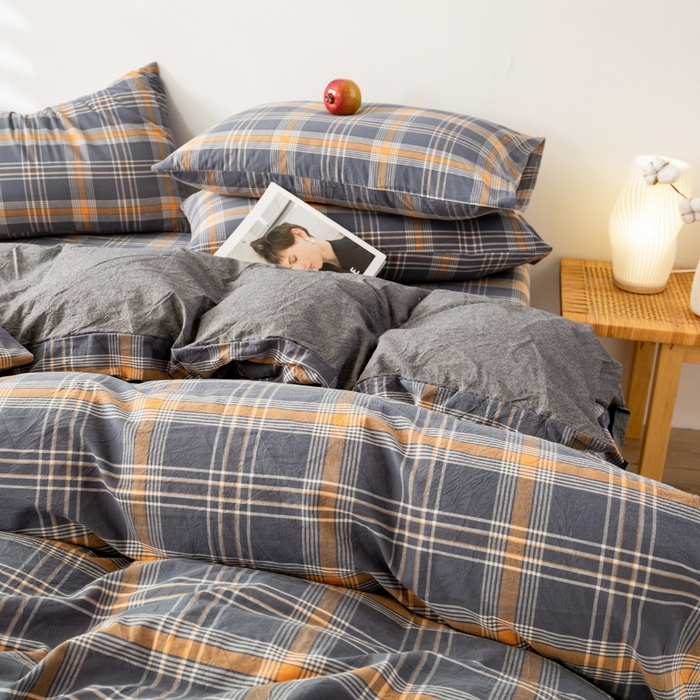 91家纺网 家纺一手货源 找家纺 九沐良品 新款A类色织水洗棉四件套 灰桔格