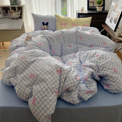 桃喜 2024新款Ins风全棉混搭系列四件套 蝴蝶结蓝