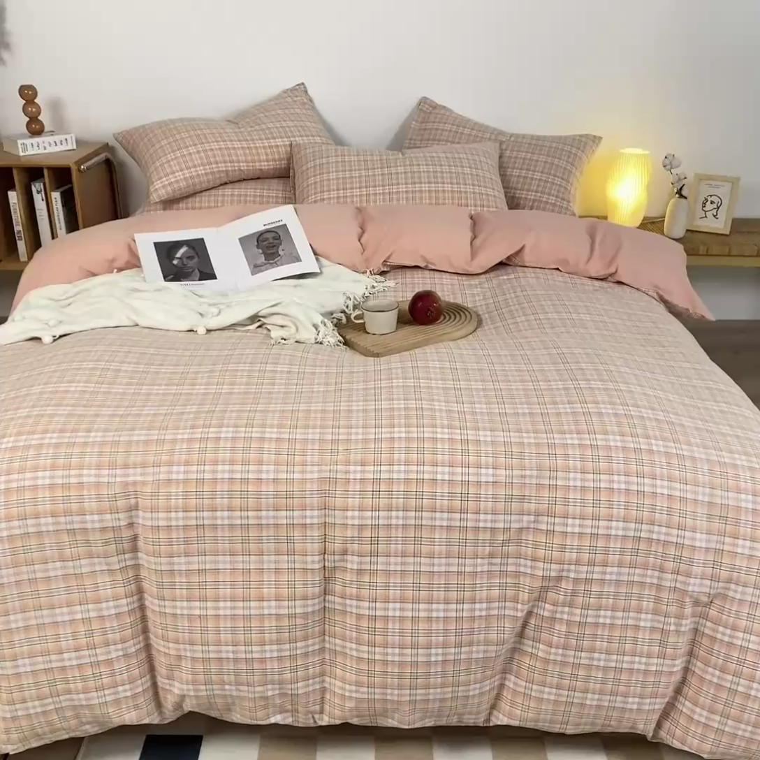 91家纺网 家纺一手货源 找家纺 九沐良品 新款A类色织水洗棉四件套 凯利桔