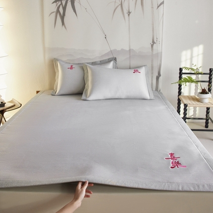 时年家纺 2024新款喜乐刺绣冰藤席 喜乐灰