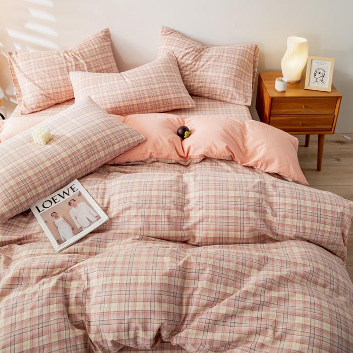 91家纺网 家纺一手货源 找家纺 九沐良品 新款A类色织水洗棉四件套 凯利咖