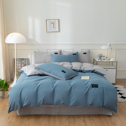 九沐良品 新款纯色双拼四件套 简悠-宾利蓝-浅灰