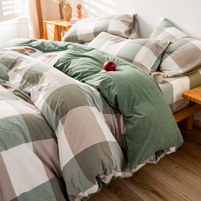 91家纺网 家纺一手货源 找家纺 九沐良品 新款A类色织水洗棉四件套 绿大格