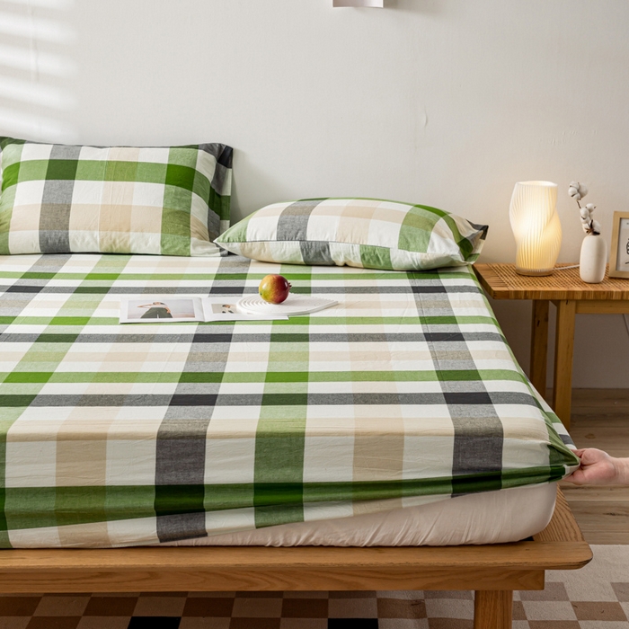 91家纺网 家纺一手货源 找家纺 萌飞 2024新款A类色织水洗棉床笠 海青鲜绿格