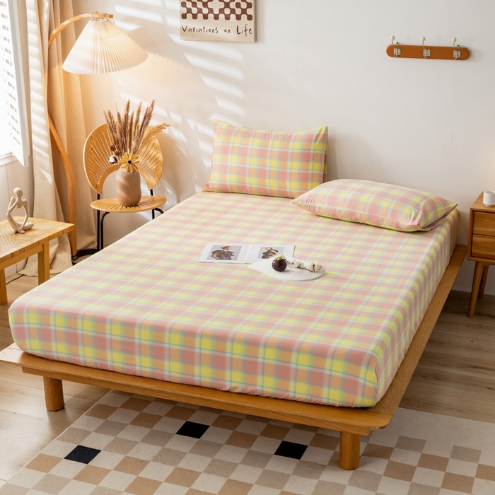 91家纺网 家纺一手货源 找家纺 萌飞 2024新款A类色织水洗棉床笠 弗暖粉黄