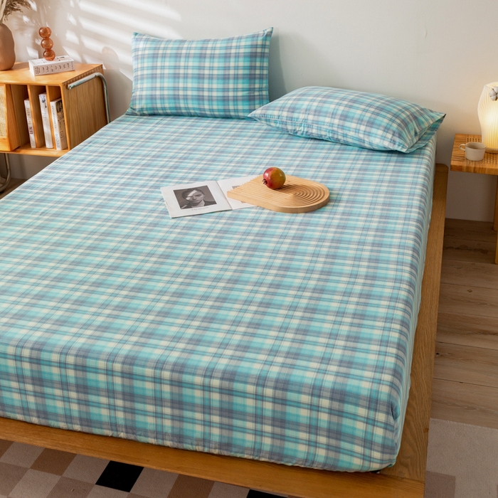 91家纺网 家纺一手货源 找家纺 萌飞 2024新款A类色织水洗棉床笠 星空绿