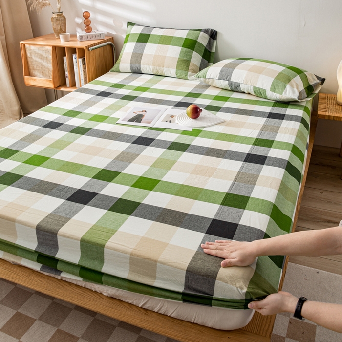 91家纺网 家纺一手货源 找家纺 萌飞 2024新款A类色织水洗棉床笠 海青鲜绿格