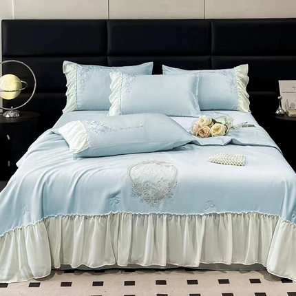 91家纺网 家纺一手货源 找家纺 伊人居 2024新款蕾丝款夏被四件套-梦娜系列 梦娜-湖水兰