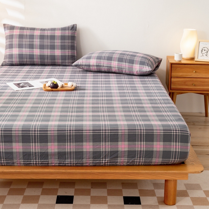 91家纺网 家纺一手货源 找家纺 萌飞 2024新款A类色织水洗棉床笠 灰粉格