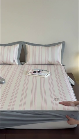 91家纺网 家纺一手货源 找家纺 时年家纺 2024新款条纹刺绣冰丝凉席--床笠款 床笠款-礼物喵