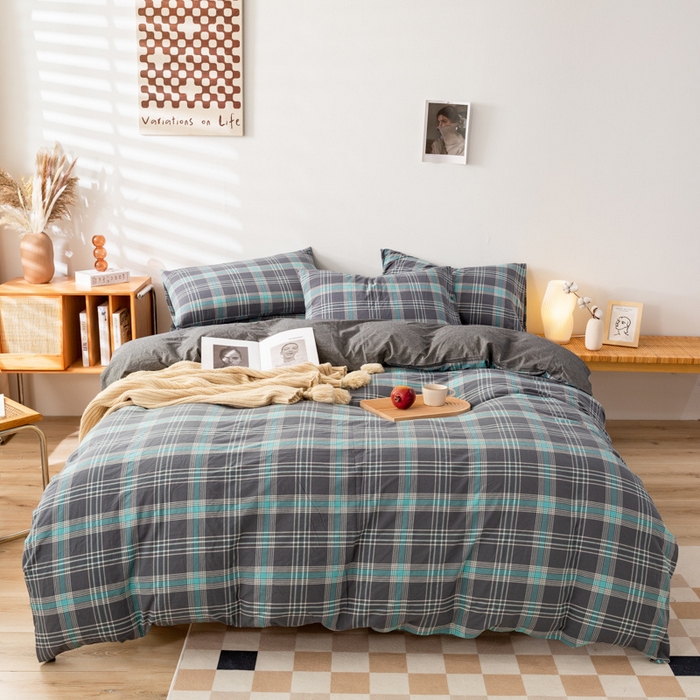 91家纺网 家纺一手货源 找家纺 九沐良品 新款A类色织水洗棉四件套 灰绿格