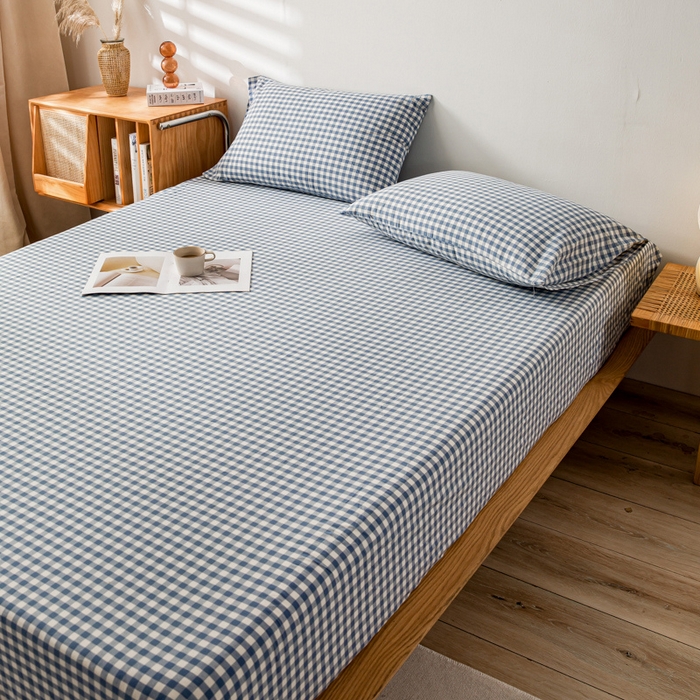 91家纺网 家纺一手货源 找家纺 萌飞 2024新款A类色织水洗棉床笠 浅蓝小格