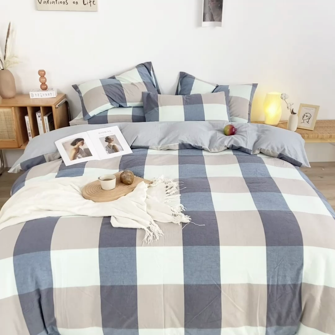 91家纺网 家纺一手货源 找家纺 九沐良品 新款A类色织水洗棉四件套 米棕丈青格