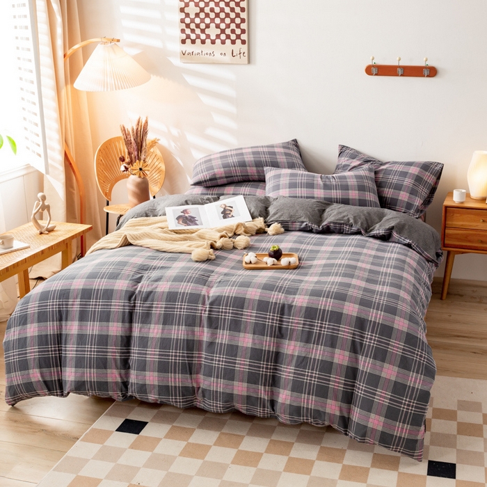 91家纺网 家纺一手货源 找家纺 九沐良品 新款A类色织水洗棉四件套 灰粉格