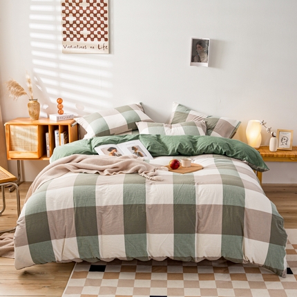 九沐良品 新款A类色织水洗棉四件套 绿大格