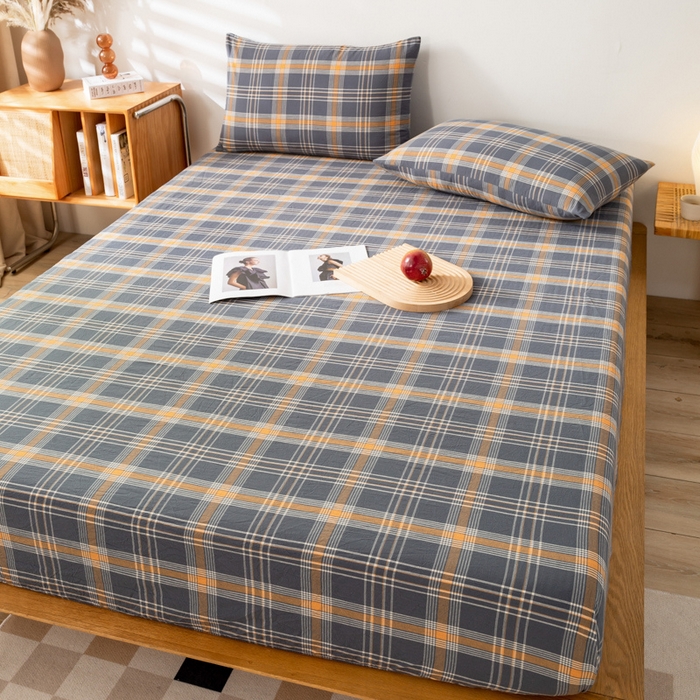 91家纺网 家纺一手货源 找家纺 萌飞 2024新款A类色织水洗棉床笠 灰桔格