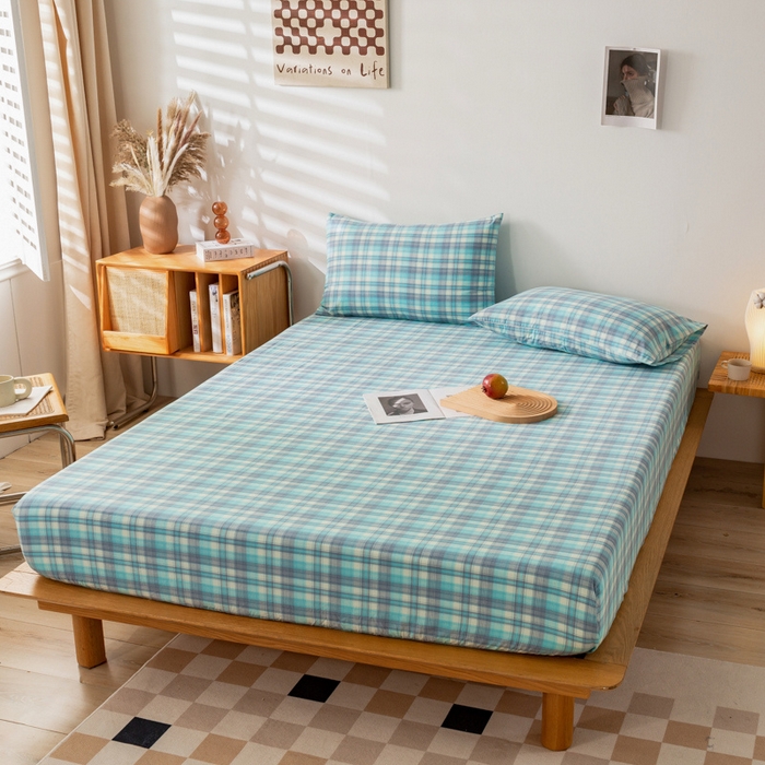 91家纺网 家纺一手货源 找家纺 萌飞 2024新款A类色织水洗棉床笠 星空绿