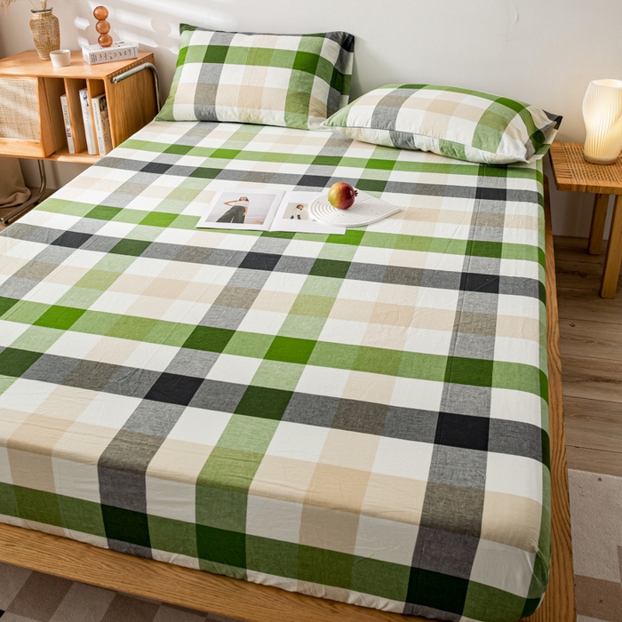 91家纺网 家纺一手货源 找家纺 萌飞 2024新款A类色织水洗棉床笠 海青鲜绿格