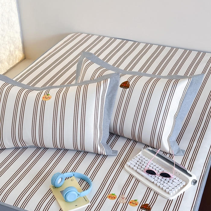 91家纺网 家纺一手货源 找家纺 时年家纺 2024新款条纹刺绣冰丝凉席--床笠款 床笠款-好事花生