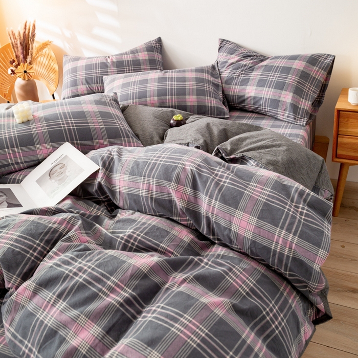 91家纺网 家纺一手货源 找家纺 九沐良品 新款A类色织水洗棉四件套 灰粉格