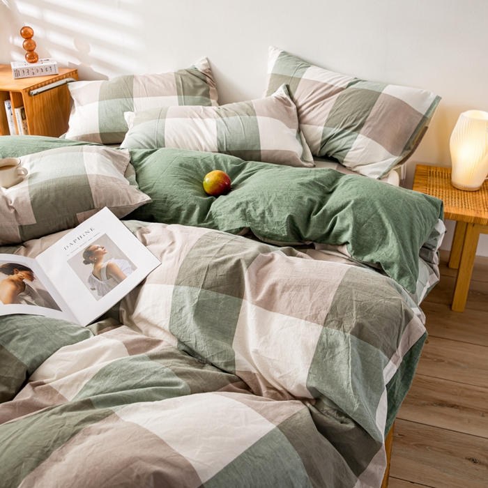 91家纺网 家纺一手货源 找家纺 九沐良品 新款A类色织水洗棉四件套 绿大格