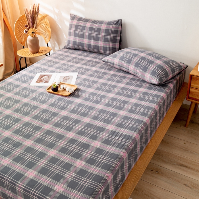 91家纺网 家纺一手货源 找家纺 萌飞 2024新款A类色织水洗棉床笠 灰粉格