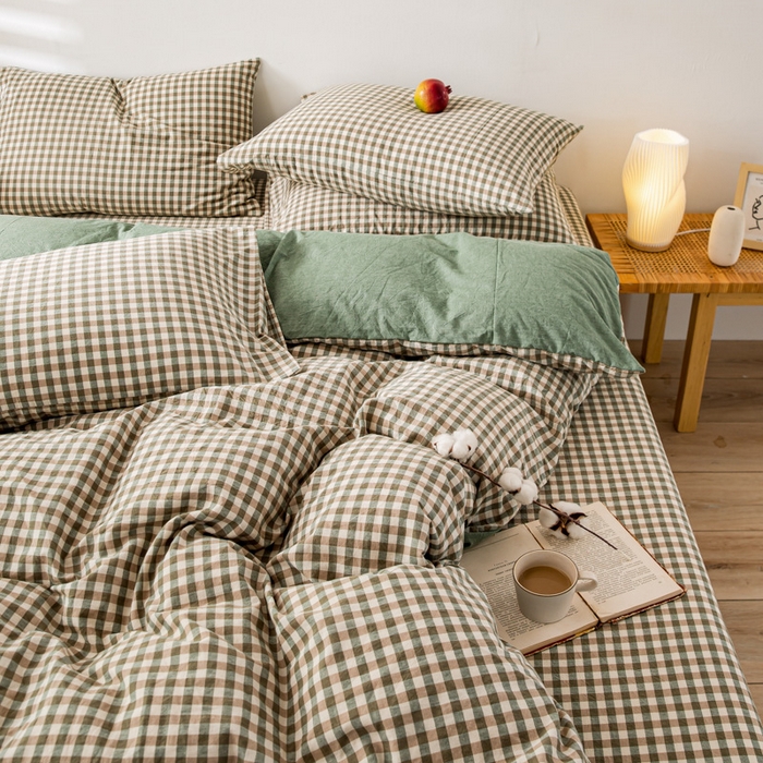 91家纺网 家纺一手货源 找家纺 九沐良品 新款A类色织水洗棉四件套 绿小格