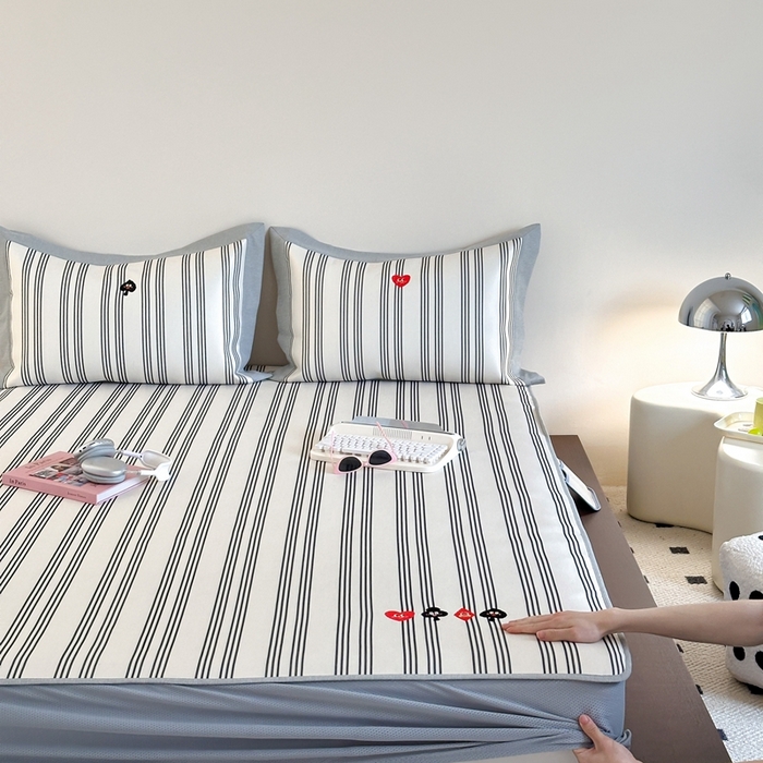 91家纺网 家纺一手货源 找家纺 时年家纺 2024新款条纹刺绣冰丝凉席--床笠款 床笠款-大吉大利