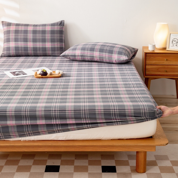 91家纺网 家纺一手货源 找家纺 萌飞 2024新款A类色织水洗棉床笠 灰粉格